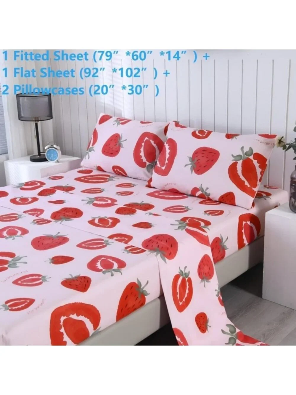 Cute Pink Strawberry Queen Sheet Set - Soft Microfiber Bedding for Kids & Teens